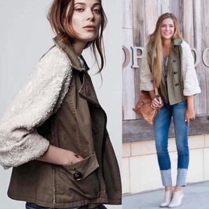 Anthropologie Hei Hei Olive Utility Swing Jacket with Ivory Sequin Sleeves
